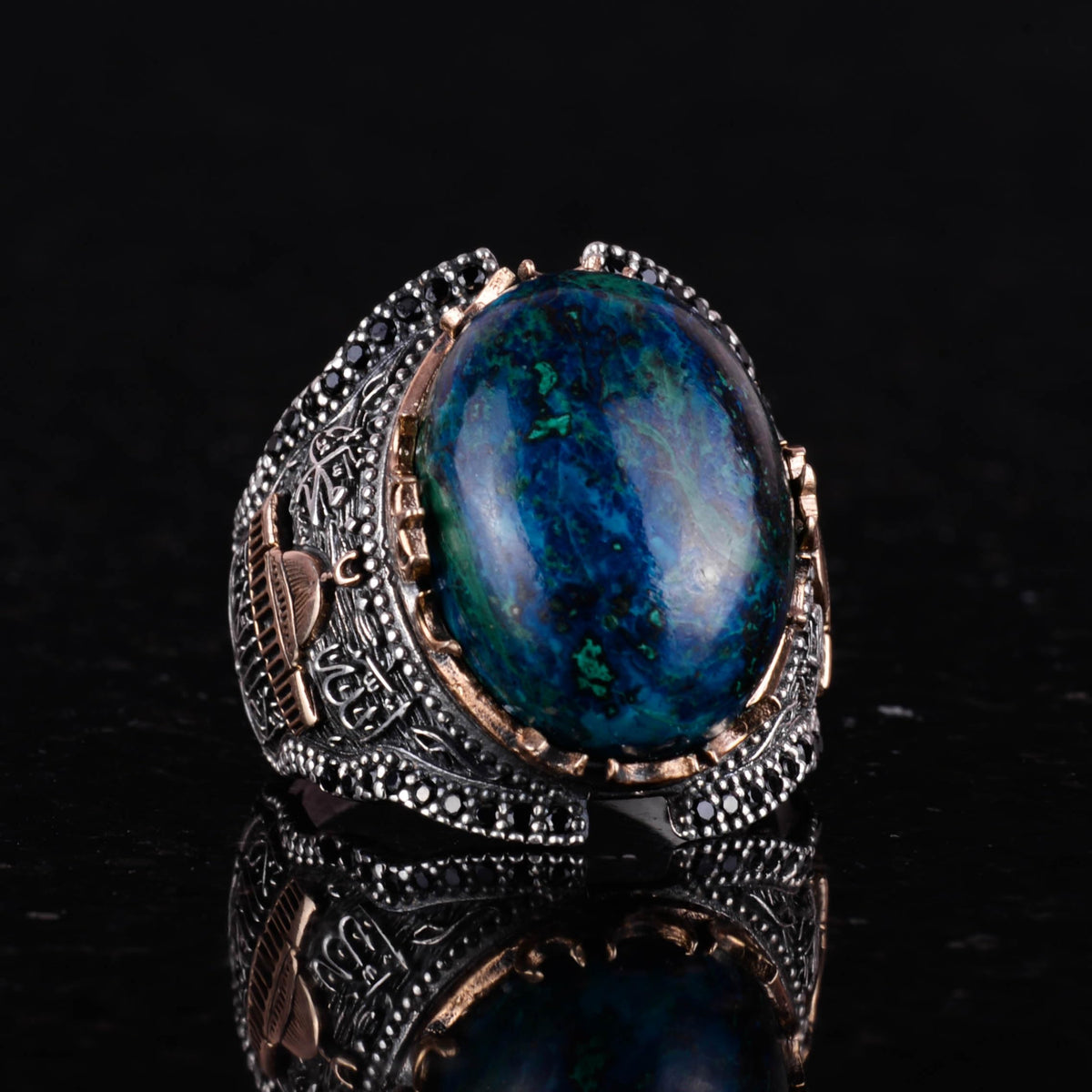 Islamic Ring, Natural Cabochon Azurite Stone Ring, 925 Sterling Silver Men's Ring — 3