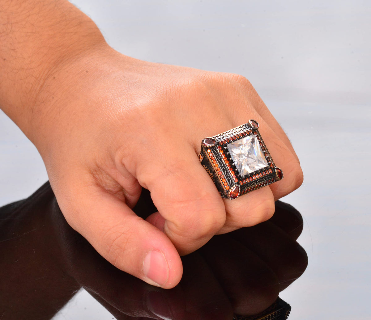 Solid Silver Men's Ring - Special Crystal Stone - Vintage Design — 7