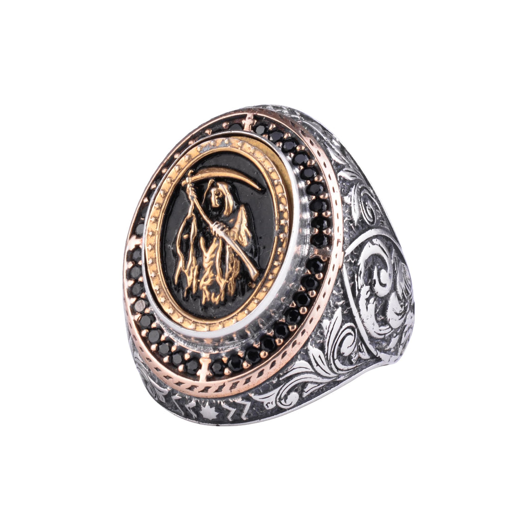 KAMBO Symbolic Men's Ring 925 Sterling Silver Gold Plated - Azrael Death Angel Large Ring - Azrael Motif Men's Statement Jewelry