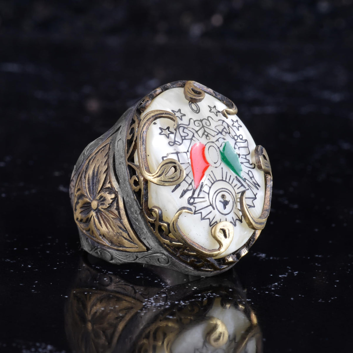 KAMBO Natural Pearl Stone Ottoman Crest Men's Ring Bronze Detailed 925 Sterling Silver Arabic Vav Symbol Handmade Ring — 5
