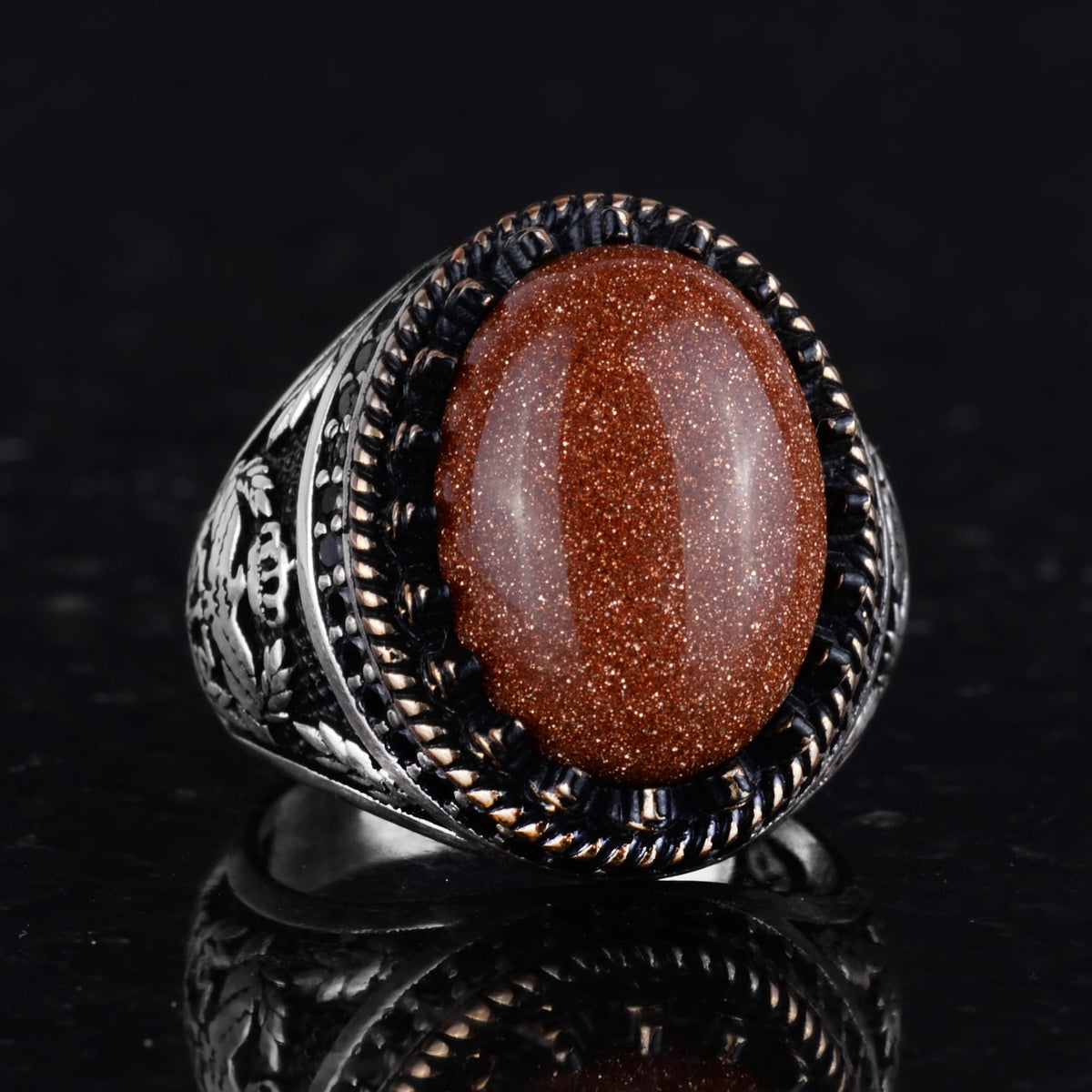 925 Sterling Silver Ring, Artificial Stone Ring, Hawk Symbol Ring, Handmade Ring (Brown Sunstone) — 4
