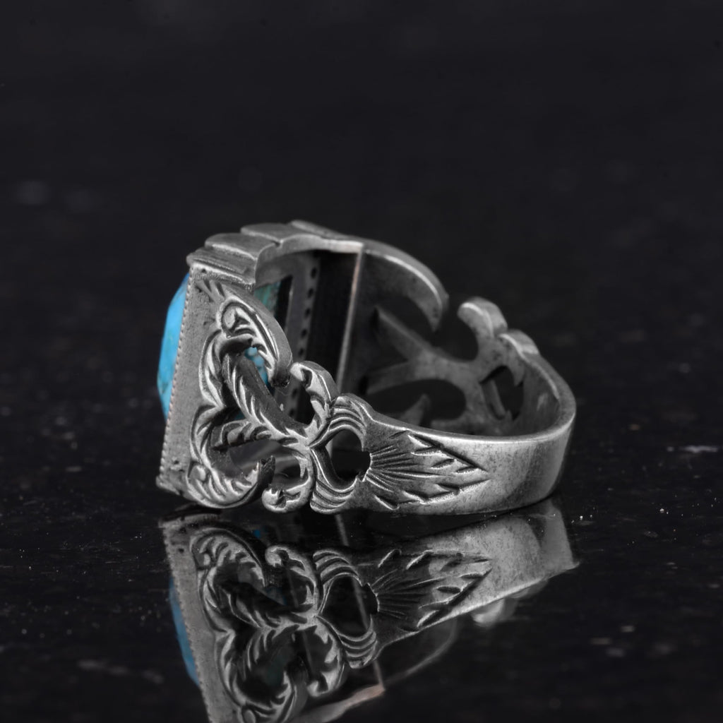 Silver Men's Ring with Natural Turquoise Stone - Brave Square Design — 7