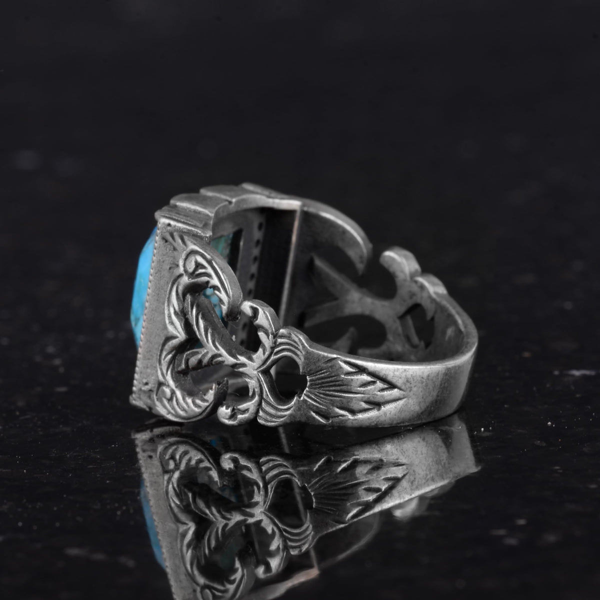 Silver Men's Ring with Natural Turquoise Stone - Brave Square Design — 7
