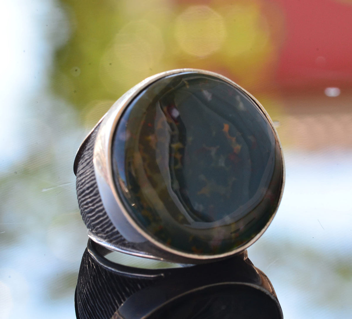 Natural Bloodstone Ring, 925 Sterling Silver Men's Round Ring — 3