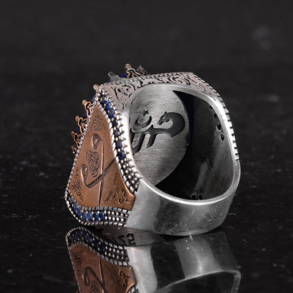 925 Sterling Silver Islamic Ring, Artificial Stone Ring, Handcrafted Calligraphy Ring (Dark Blue Paraiba) — 7