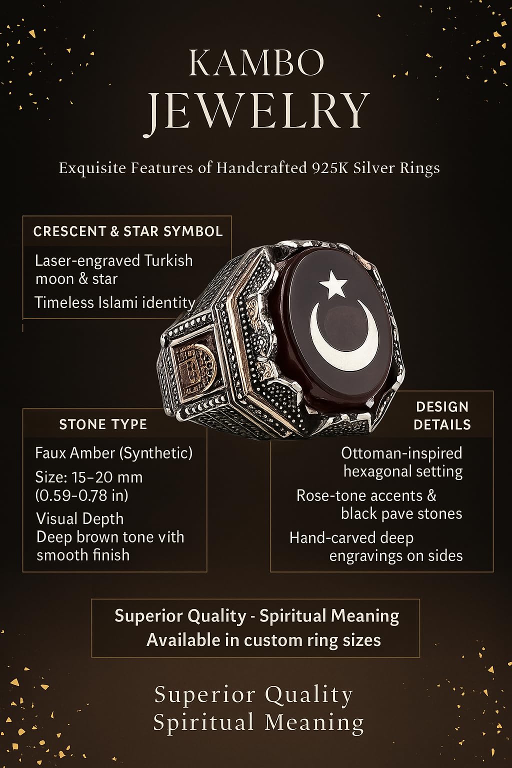 KAMBO 925 Sterling Silver Moon Star Men's Ring – Ottoman Style Faux Amber Stone Statement Ring, Islamic Engraved Design — 5