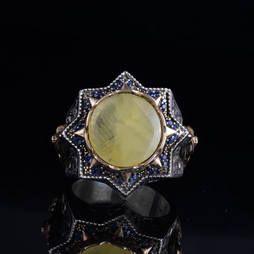 KAMBO 925 Sterling Silver Natural Amber Stone Large Ring - Star Frame Design Handmade Men's Jewelry (Style-2) — 4