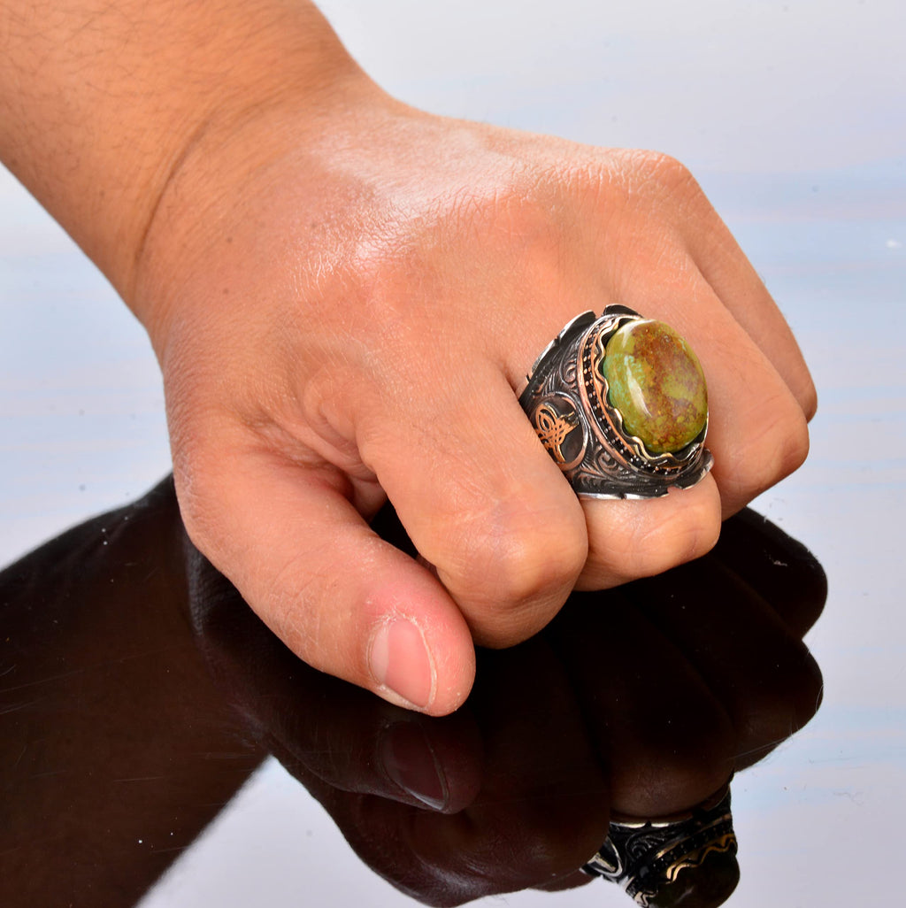 Handmade 925 Sterling Silver Men's Ring - Real Arizona Turquoise Stone Ottoman Design — 7