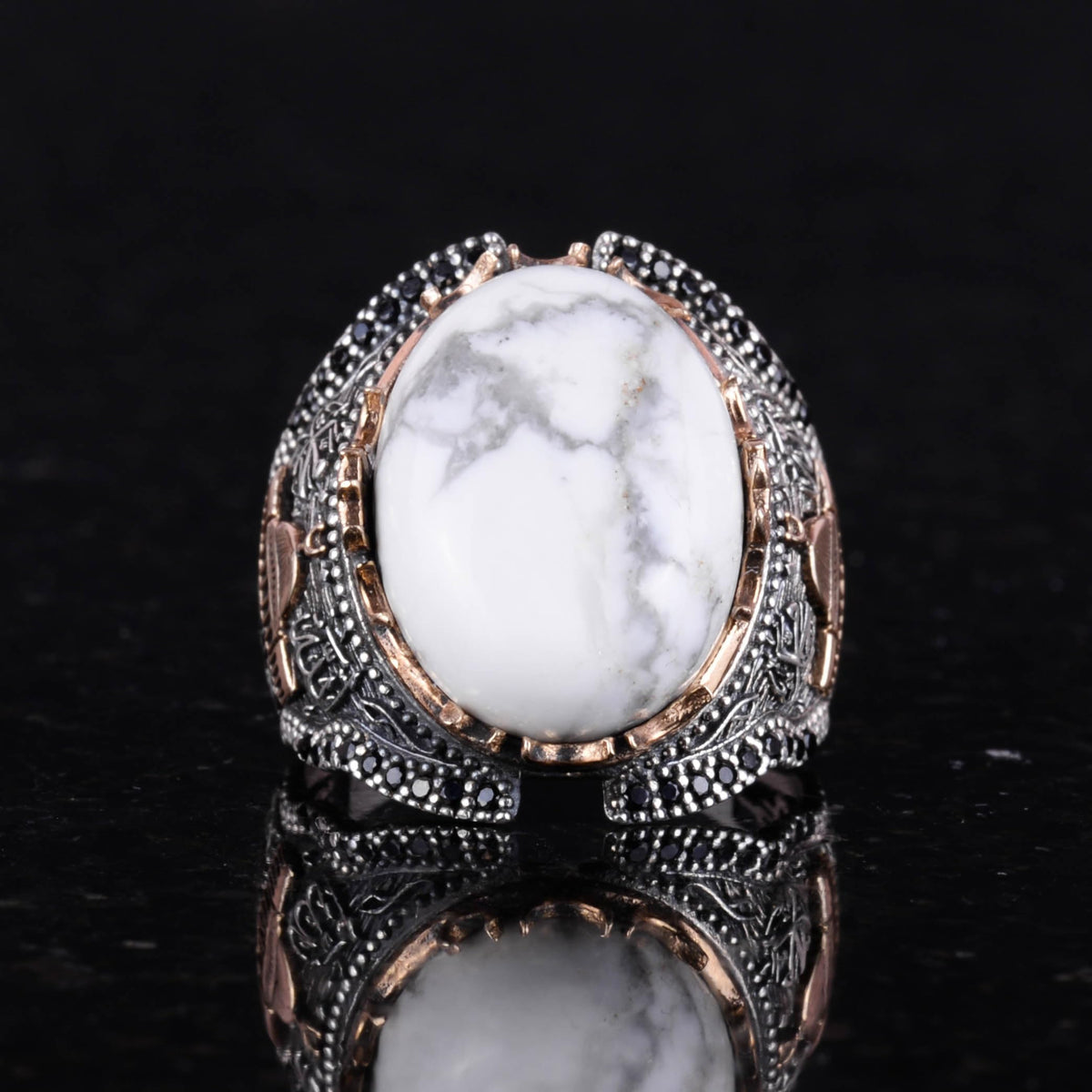 Natural Howlite Stone Men's Ring - 925 Sterling Silver — 4