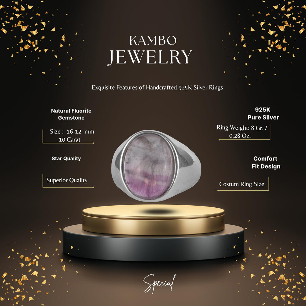 KAMBO Natural Men's Ring – 925 Sterling Silver Minimalist Oval Stone Ring – Handmade Classic Statement Jewelry (Fluorite) — 2