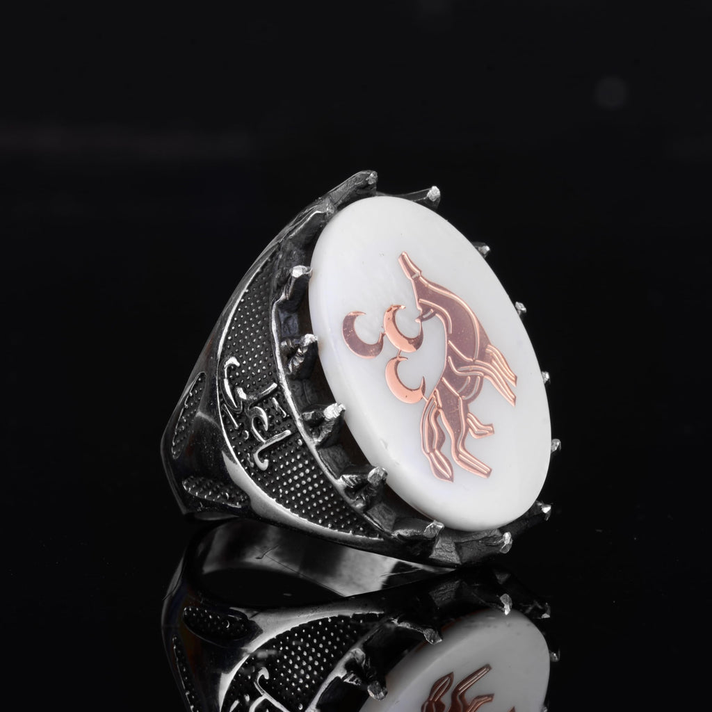 KAMBO 925 Sterling Silver Natural Pearl Men's Ring – Handmade Seljuk Wolf Symbol Statement Ring — 6
