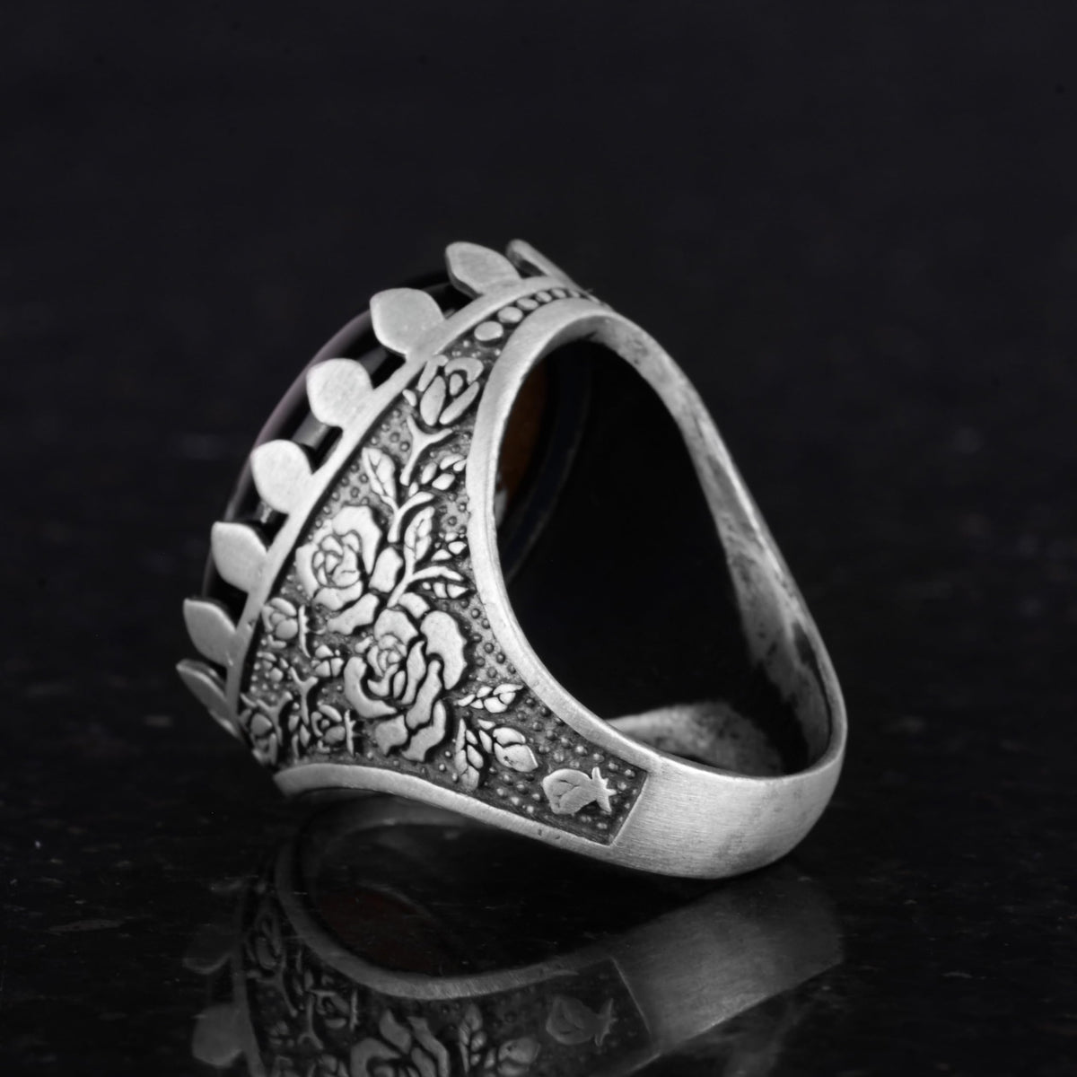 Kambo Natural Gemstone Ring - Rose Pattern Ring - 925 Sterling Silver Ring - Handmade Large Ring (Onyx) — 7