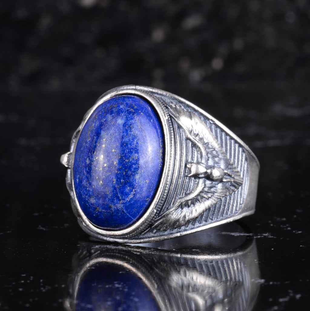 KAMBO Natural Lapis Lazuli Men's Ring 925 Sterling Silver – Eagle Motif Handmade Ring – Blue Stone Vintage Statement Jewelry — 5