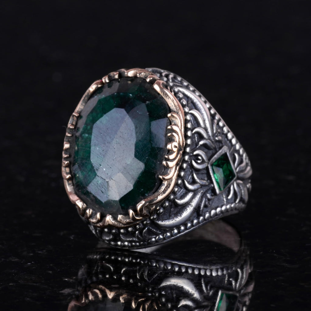 925 Sterling Silver Men's Ring, Natural Emerald Stone — 5