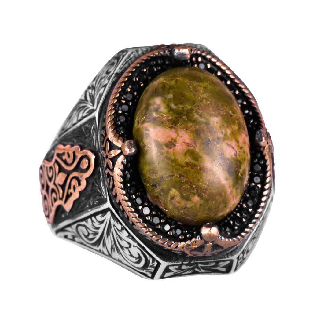 925 Sterling Silver Men's Ring - Handmade Unakite Stone Ring