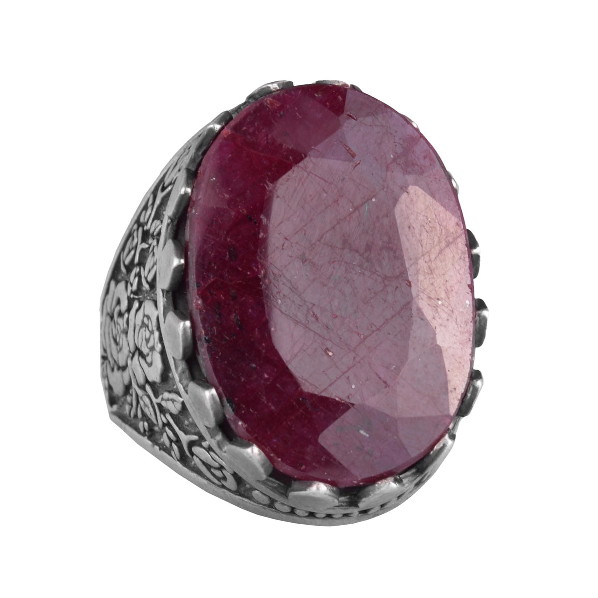 Kambo Genuine Natural Ruby Stone Rose Pattern 925 Sterling Silver Handcrafted Large Ring