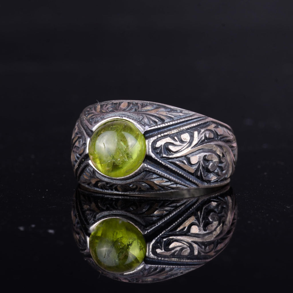 KAMBO Natural Stone Men's Ring – 925 Sterling Silver Minimalist Engraved Band | Handmade Elegant Jewelry (Peridot) — 5