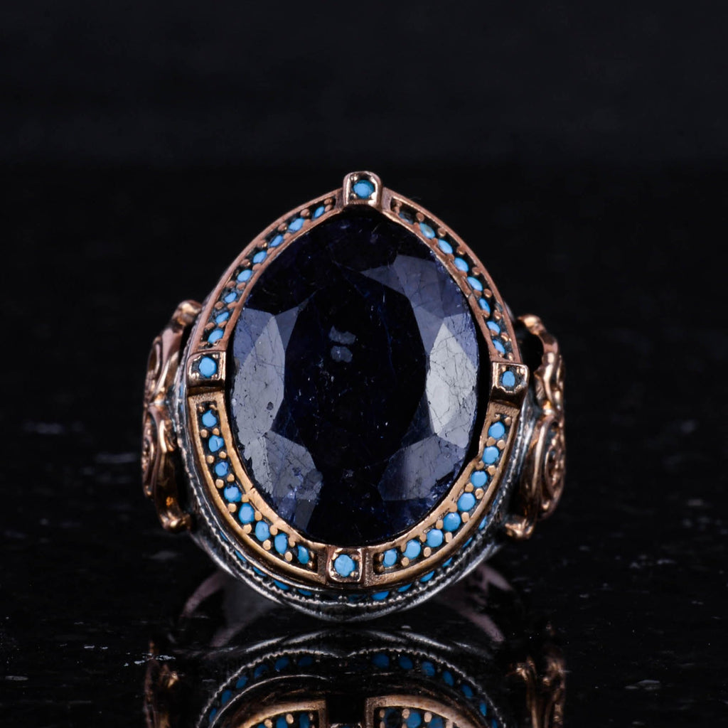 Natural Sapphire Stone 925 Sterling Silver Ring, Handmade Vintage Design, Men's Statement Ring — 4