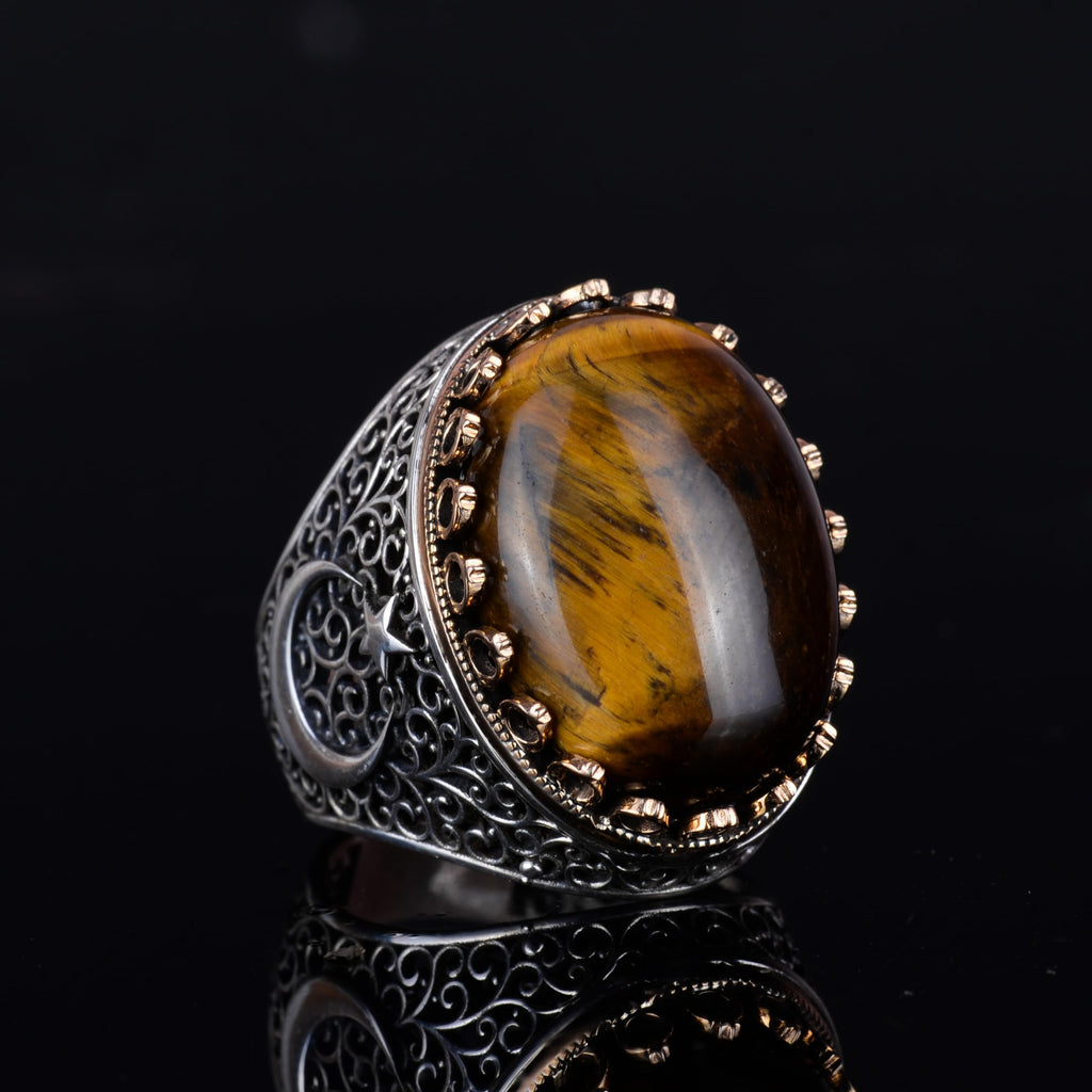 KAMBO 925 Sterling Silver Men's Natural Stone Ring - Moon and Star Design - Handmade Vintage Jewelry (Tiger's Eye) — 6