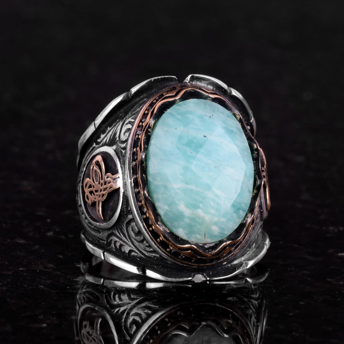Ottoman Tugra Silver Ring, Natural Stone Ring, 925 Sterling Silver Ring (Amazonite) — 4