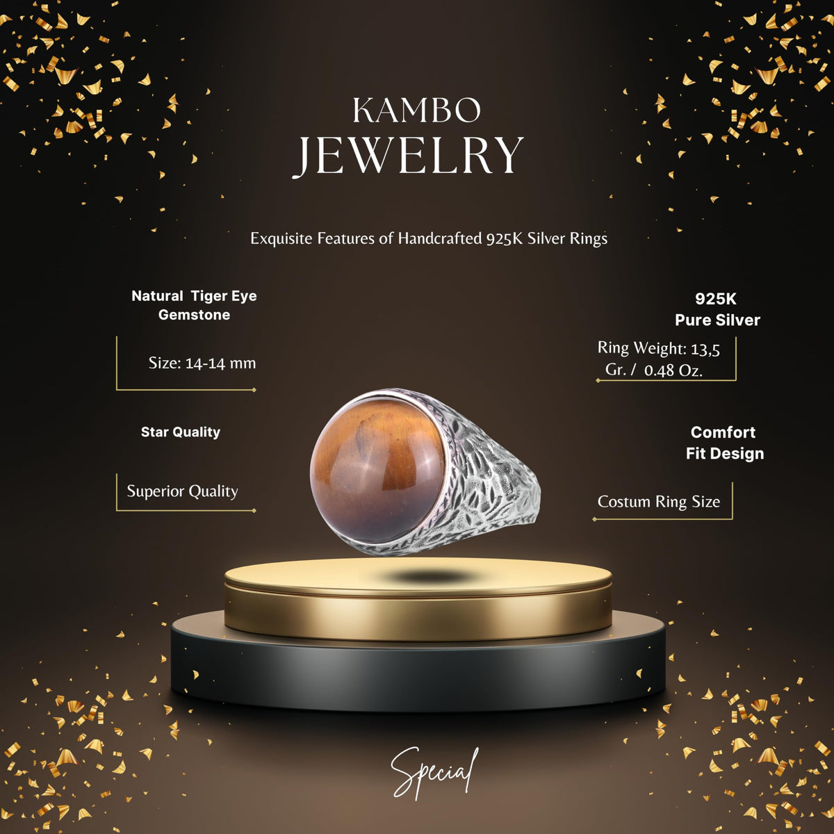 KAMBO Natural Stone Men's Ring 925 Sterling Silver Round Cabochon Handmade Statement Ring Stone (Tiger's Eye) — 2