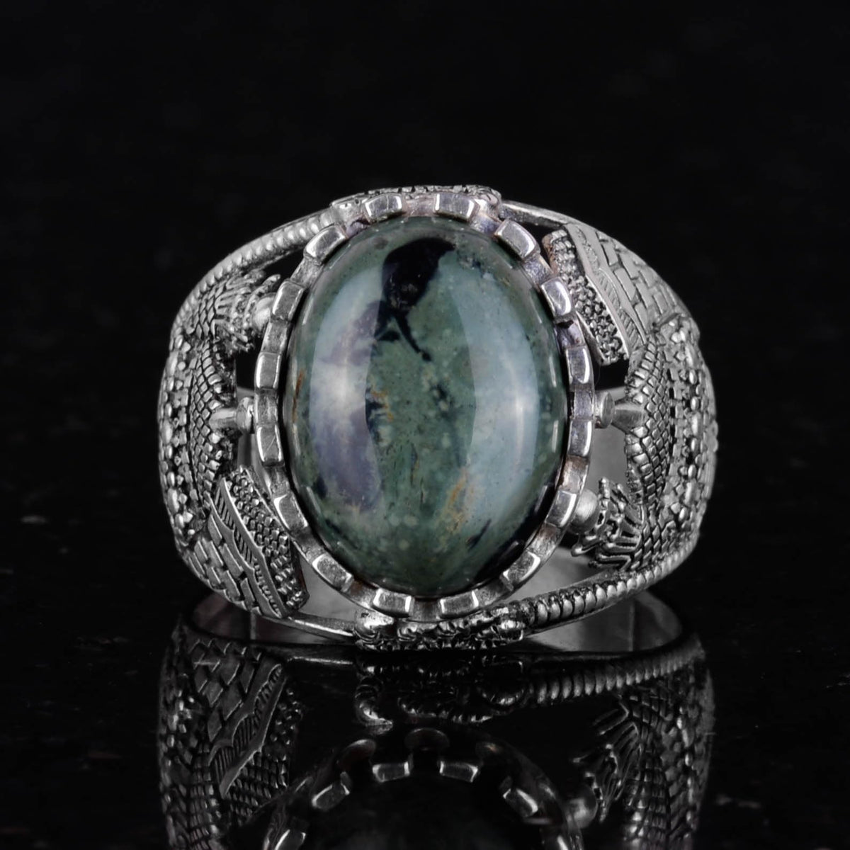Green Eye Natural Stone Ring - 925 Sterling Silver Men's Ring - Natural Vigor Design — 3