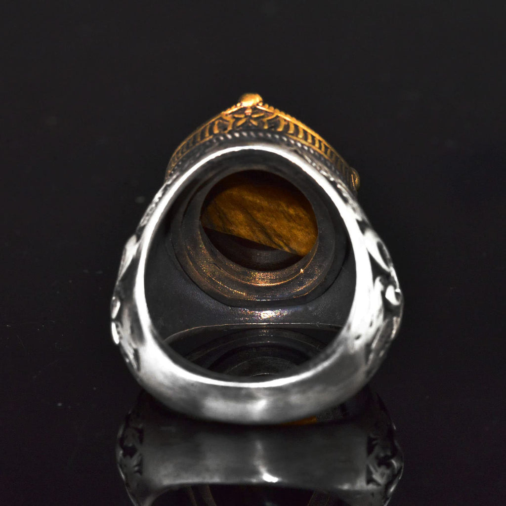 Lily Patterned Silver Ring - 925 Sterling Silver Handmade Men's Jewelry (Tiger Eye) — 5