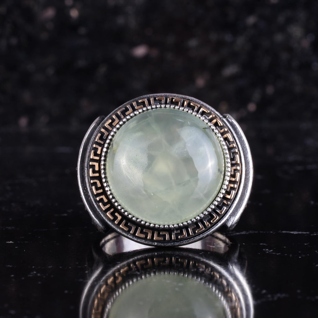 KAMBO Stone Round Men's Ring 925 Sterling Silver – Cabochon Handmade Vintage Greek Pattern Statement Ring (Prehnite) — 7