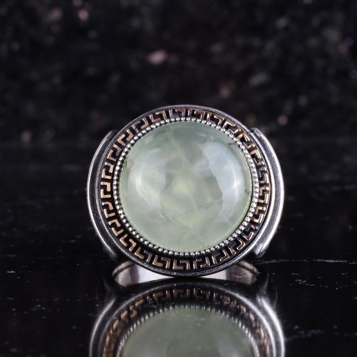 KAMBO Stone Round Men's Ring 925 Sterling Silver – Cabochon Handmade Vintage Greek Pattern Statement Ring (Prehnite) — 7