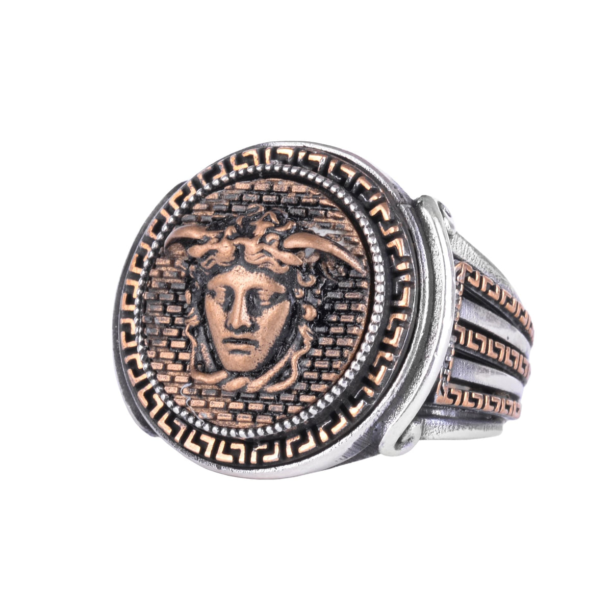 KAMBO Handmade Vintage Medusa Head Ring for Men – 925 Sterling Silver Gothic Statement Jewelry with Bronze Details, Symb
