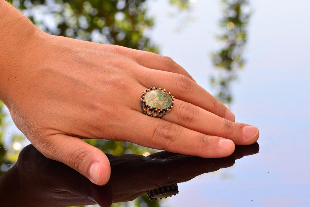 KAMBO Handmade Natural Turquoise Men's Ring in 925 Sterling Silver | Bold Earthy Gemstone Design | Vintage Statement Jew