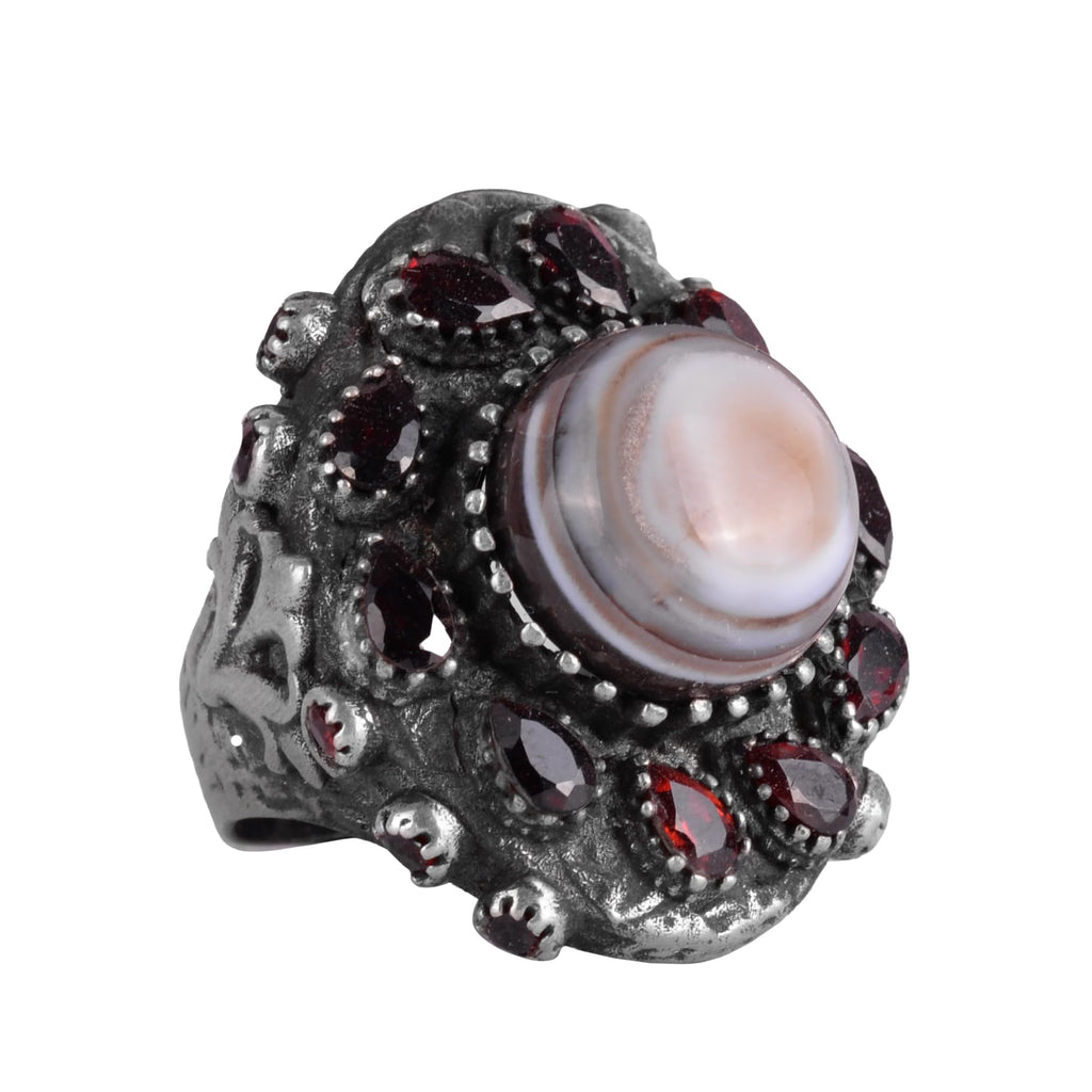 Natural Yemen Agate and Garnet Stone Ring - Sultan Ring - 925 Sterling Silver
