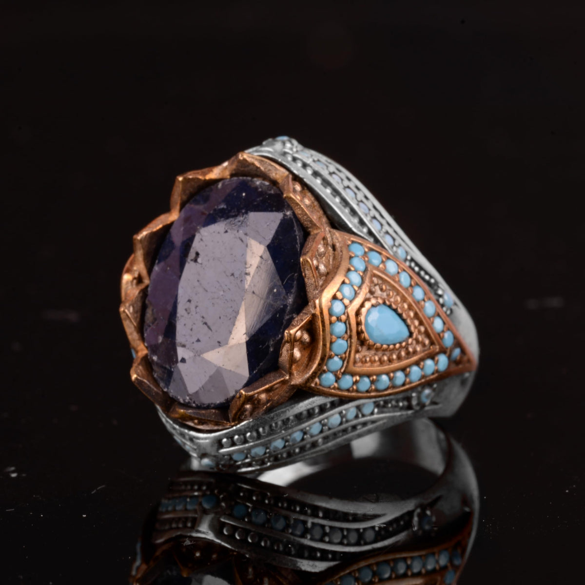 Natural Sapphire Stone Ring, 925 Sterling Silver Men's Ring (Model-2) — 5
