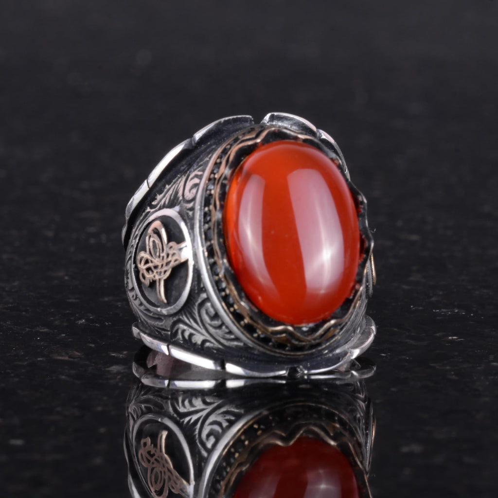 Handmade Natural Red Agate Stone Ring, Ottoman Silver Tugra 925 — 5