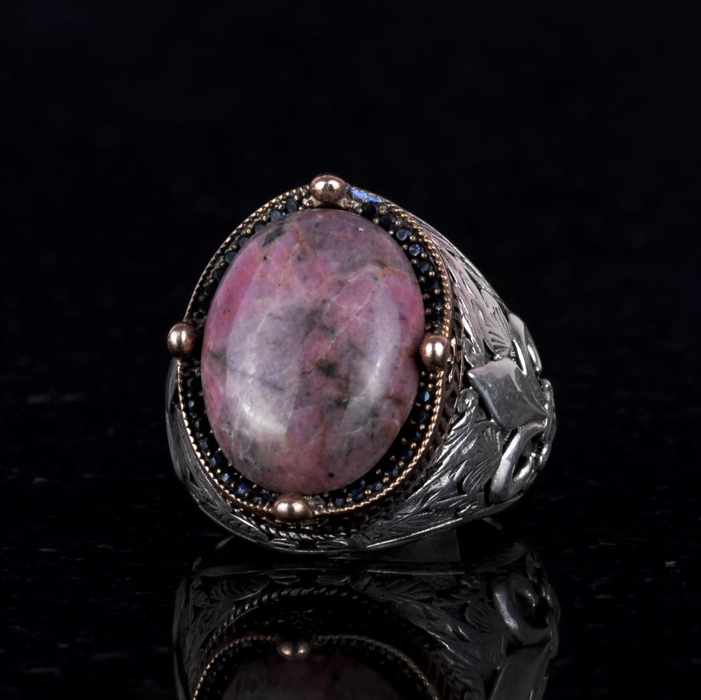 925K Silver Handmade Men's Ring - Available with Various Natural Stones (Rhodonite) — 5