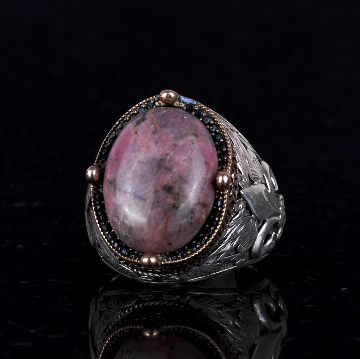 925K Silver Handmade Men's Ring - Available with Various Natural Stones (Rhodonite) — 5