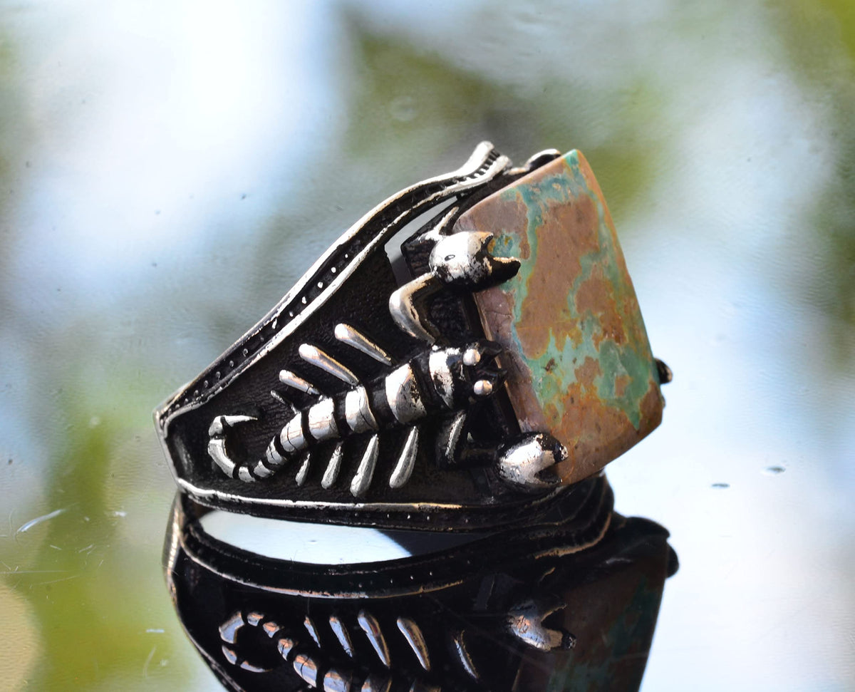 KAMBO Natural Turquoise Stone Men's Ring, Handmade Scorpion Design, 925 Sterling Silver Ring (Style-2) — 4