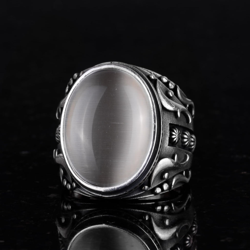 925 Sterling Silver Ring, Designer Silver Men's Ring (White Synthetic Cat's Eye Stone) — 5
