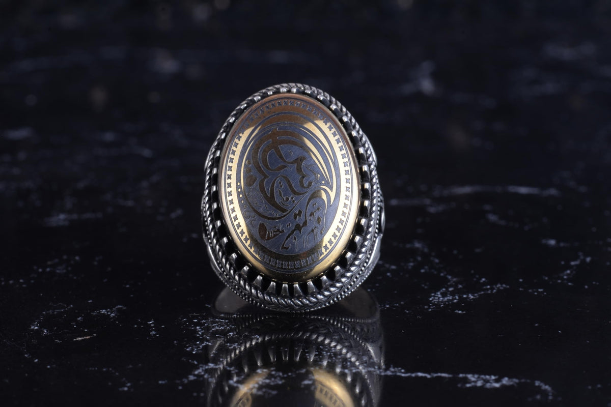 KAMBO Men's Natural Hematite Stone Ring – 925 Sterling Silver Ya Ali Arabic Calligraphy Ring – Ottoman Style Statement Ring — 4