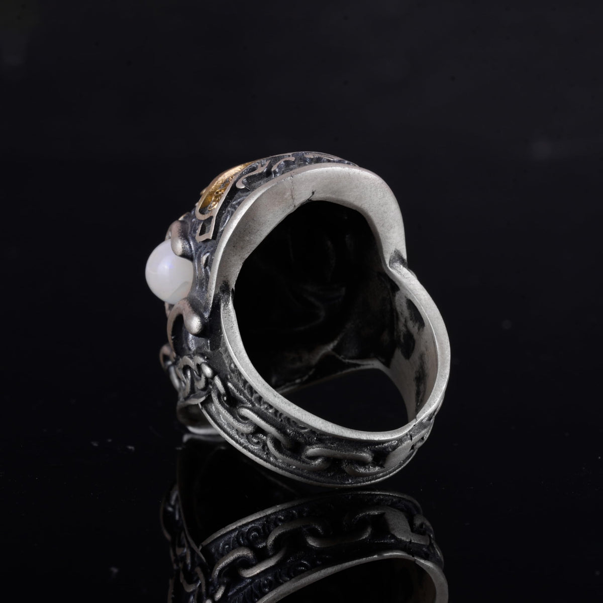 KAMBO 925 Sterling Silver Gold Plated Natural Stone Men's Dragon Ring – Large Statement Ring (Opal) — 8