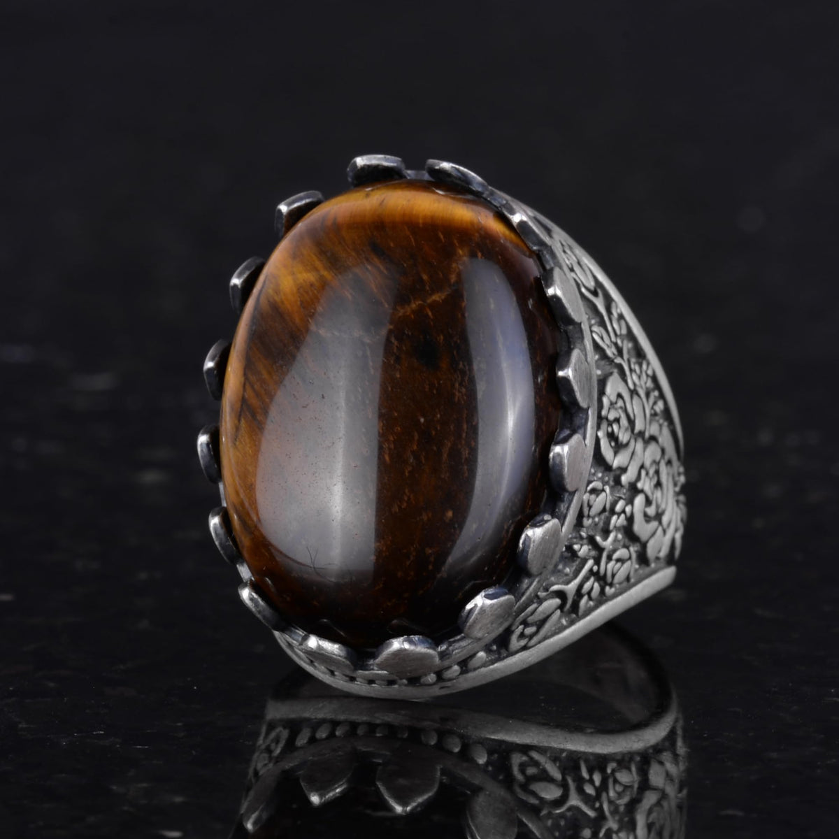 Natural Stone Ring - Rose Pattern Ring - 925 Sterling Silver - Handmade Large Ring (Tiger Eye) — 6