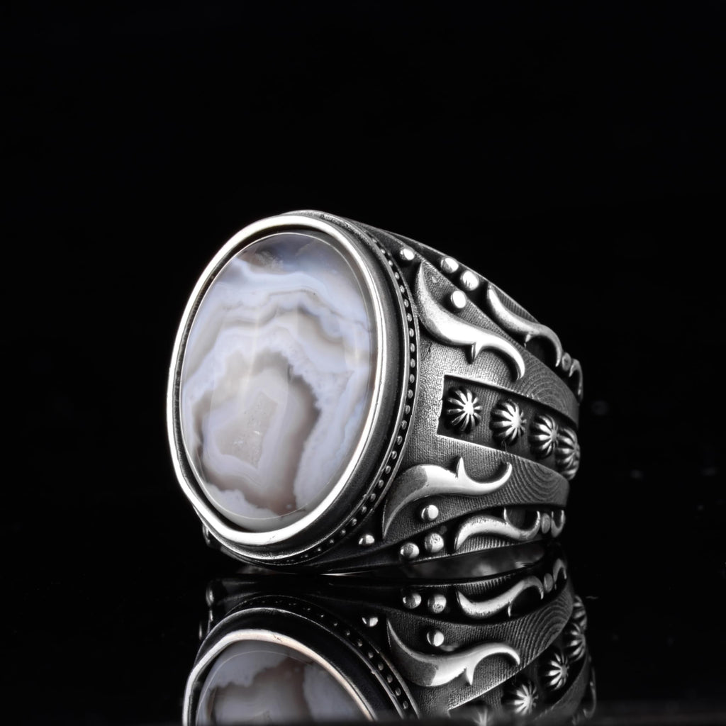 KAMBO Men's Natural Agate Ring – 925 Sterling Silver Flower Pattern Ring – Men's Handmade Vintage Style Statement Ring (Agate-3) — 5
