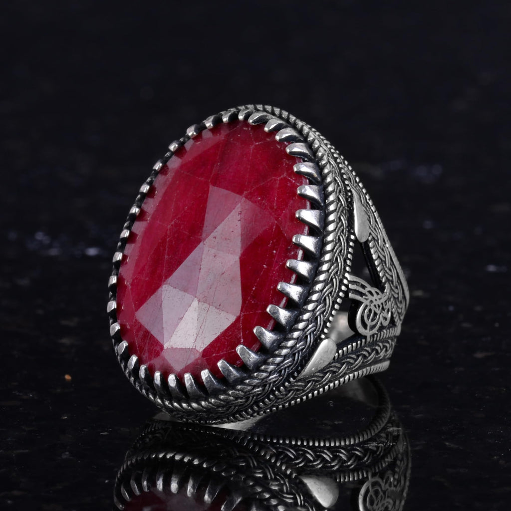 Natural Ruby Stone Ring - Ottoman Tugra Pattern - 925 Sterling Silver Ring — 5