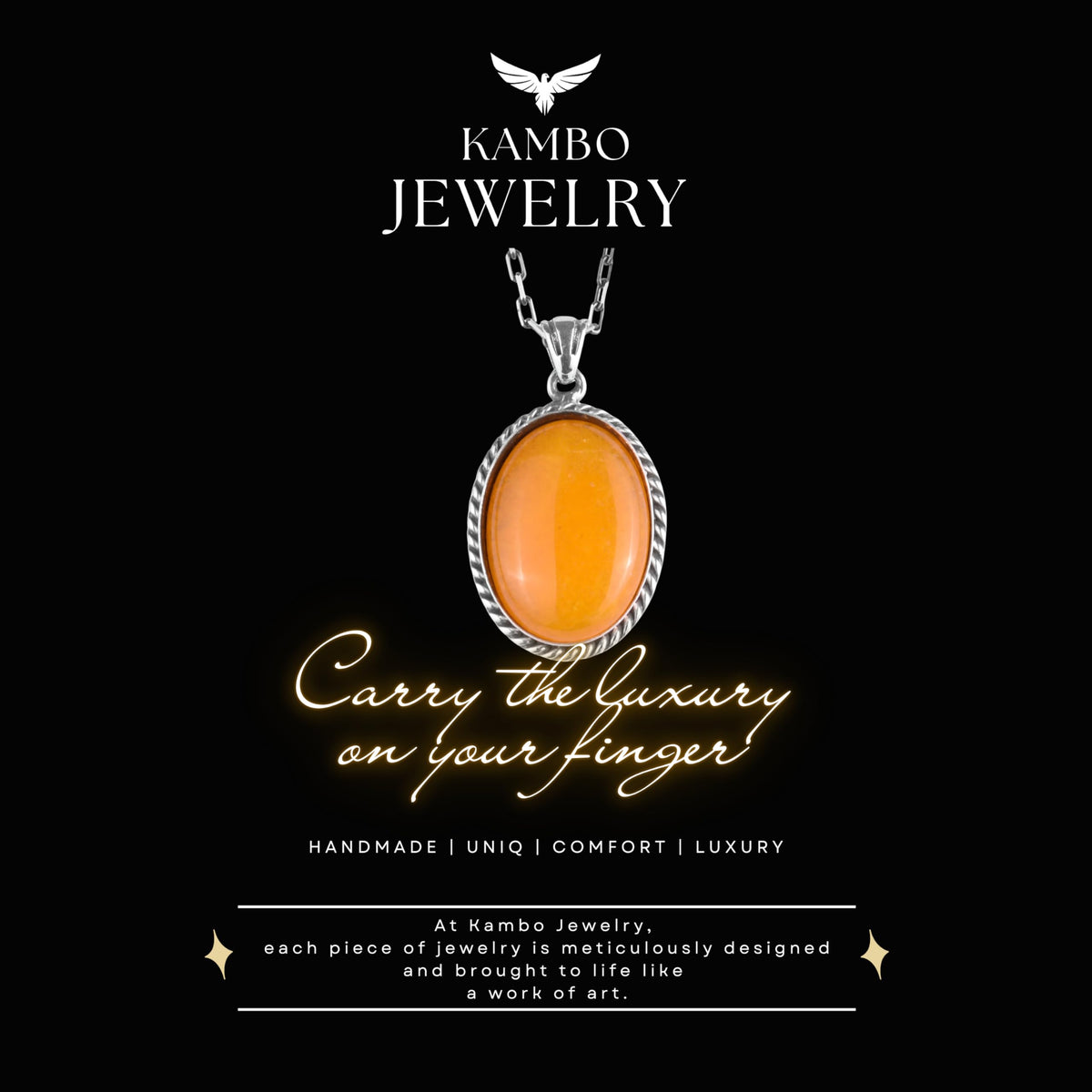 KAMBO Natural Stone Chain Unisex Necklace 925 Sterling Silver – Handmade Oval Description Necklace (Yellow Agate) — 6