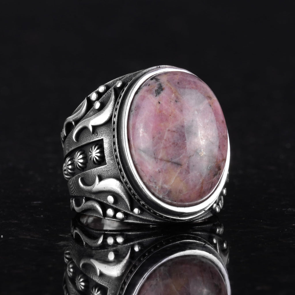 Handmade Natural Rhodonite Pink Stone Ring - 925 Sterling Silver — 5