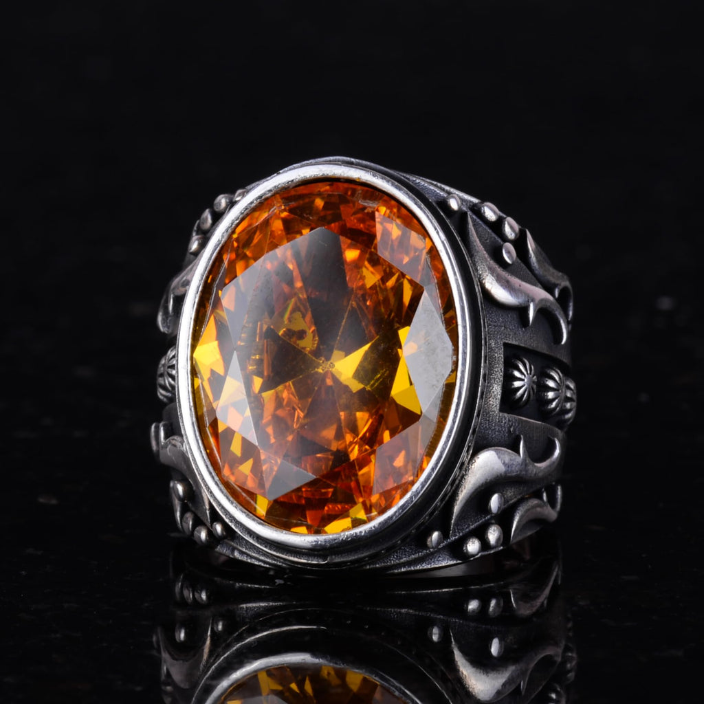 925 Sterling Silver Ring, Designer Silver Men's Ring (Orange Artificial Citrine Stone) — 6