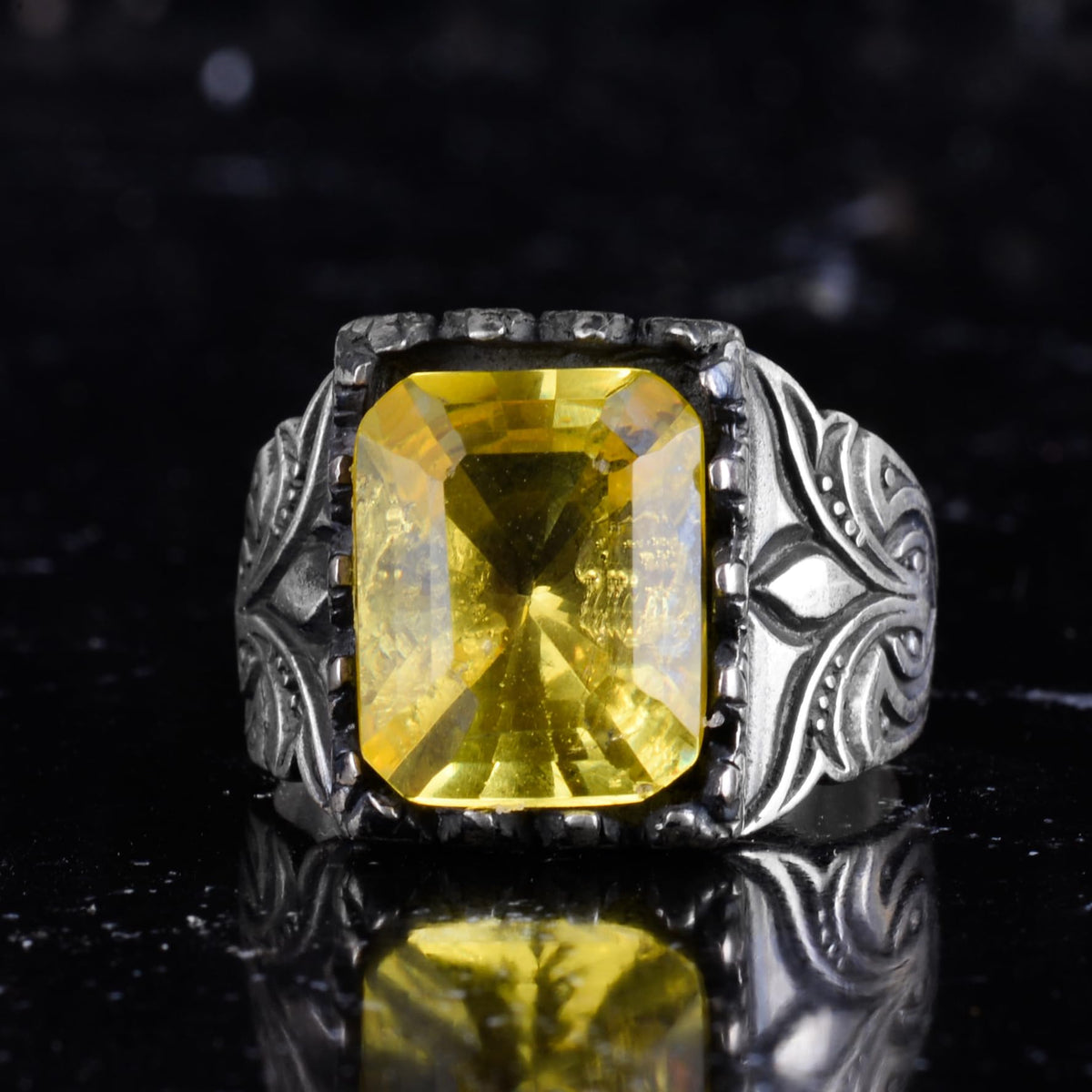 KAMBO Certified Natural Yellow Sapphire Stone Men's Ring 925 Sterling Silver – Ottoman Style Embroidered Designed Rectangular Sapphire Ring — 2