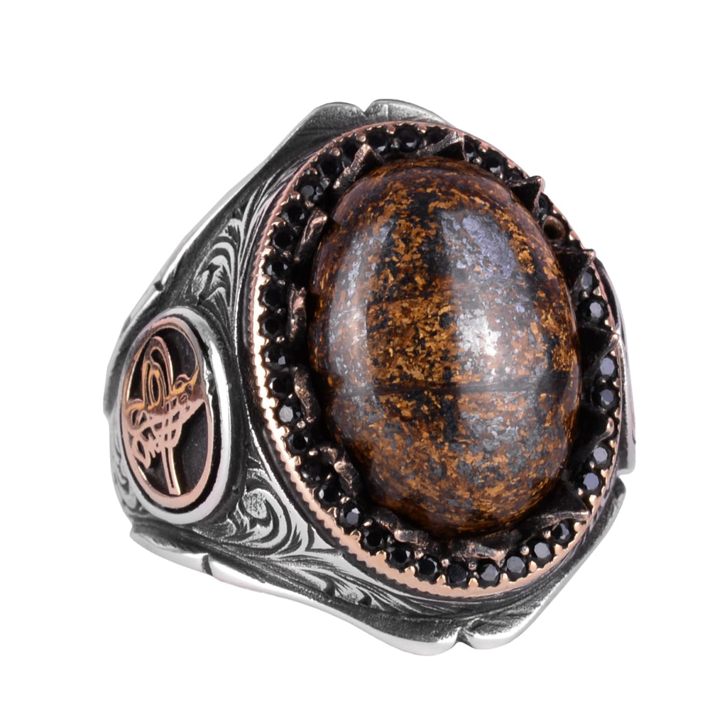 925 Sterling Silver Men's Ring - Natural Bronzite Stone