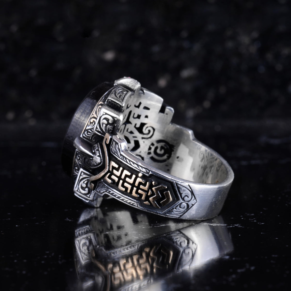 KAMBO Natural Stone Ring 925 Sterling Silver – Handmade Men's Statement Ring Healing Jewelry (Amber) — 7