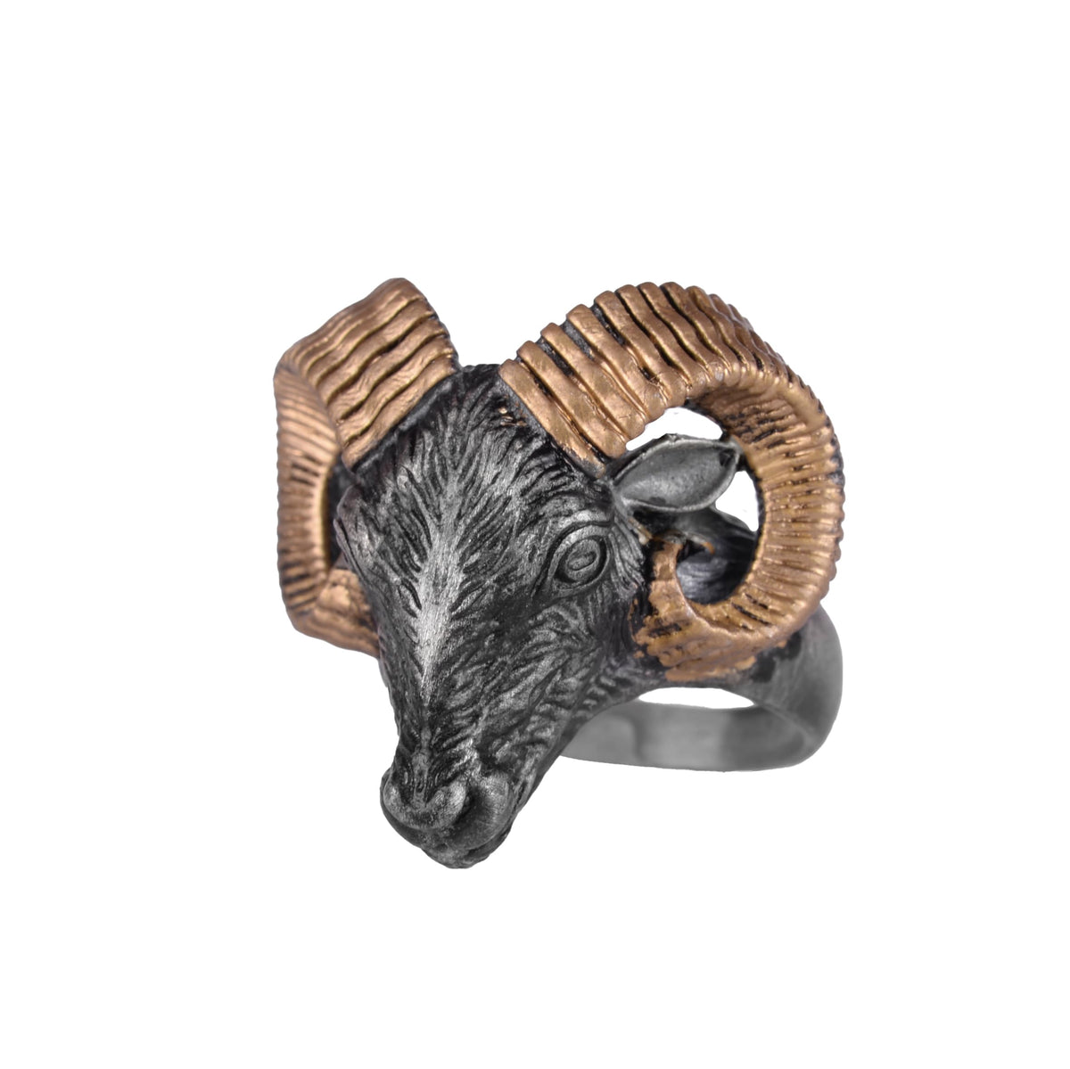 KAMBO 925 Sterling Silver Ram Head Men's Ring – Handmade Ram Symbol Jewelry – Thick Animal Design Silver Men's Statement Ring (Gold Plated)